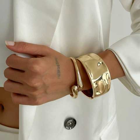 Irregular Liquid Metal Bangle Wide Alloy Cuff Bracelet Water Drop Geometric Smooth Polished Minimalist Jewelry For Women