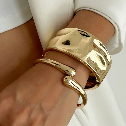 Irregular Liquid Metal Bangle Wide Alloy Cuff Bracelet Water Drop Geometric Smooth Polished Minimalist Jewelry For Women