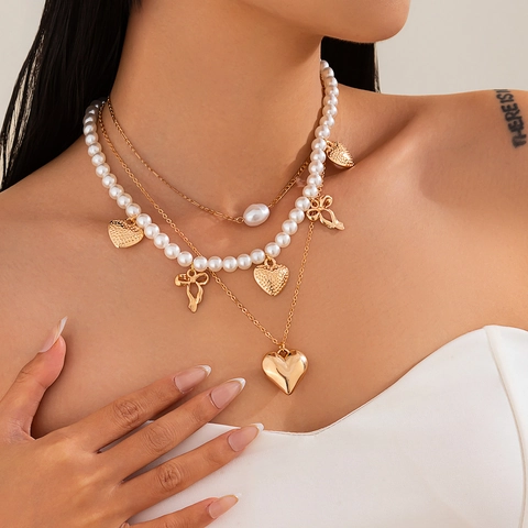 Multi Layer Ketting Legering Imitatie Kunstparel Zeester Schelp Hart Boog Hangers Oceaan Strand Stijl Sieraden Voor Vrouwen