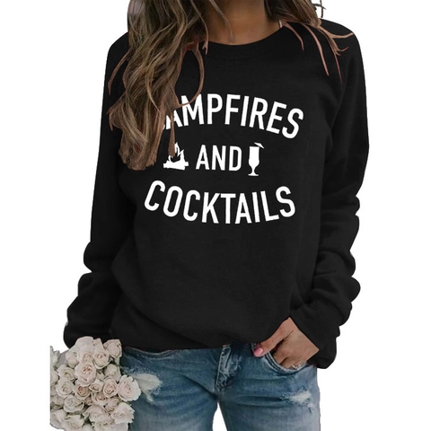 Sweat-Shirt Imprimé Campfires And Cocktails Pour Femmes Col Rond Manches Longues Pull En Coton Mélangé Décontracté Top