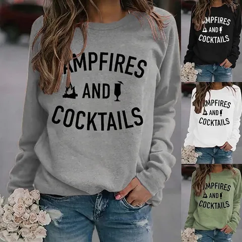 Sweat-Shirt Imprimé Campfires And Cocktails Pour Femmes Col Rond Manches Longues Pull En Coton Mélangé Décontracté Top