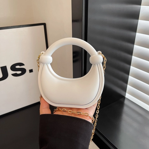 Women Vintage Acrylic Crescent Mini Bag With Round Handle And Gold Metal Chain Crossbody Handbag Solid Color Small Purse