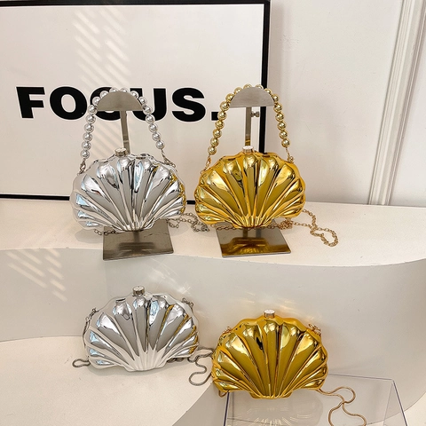 Mode Schelpvormige Avondtas Metallic Acryl Kralen Handvat Ketting Crossbody Schoudertas Voor Vrouwen Feest Bruiloft Clutch