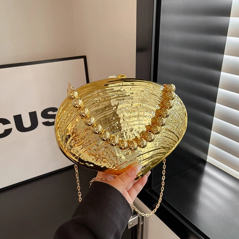 Shell Shaped Acrylic Evening Clutch Bag Elegant Metallic Texture Crossbody Purse With Bead Handle And Chain Strap Women Party