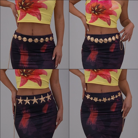 Women Ocean Style Starfish Shell Flower Metal Waist Chain Belt Gold Silver Plated Beach Party Bohemian Body Jewelry Accessory