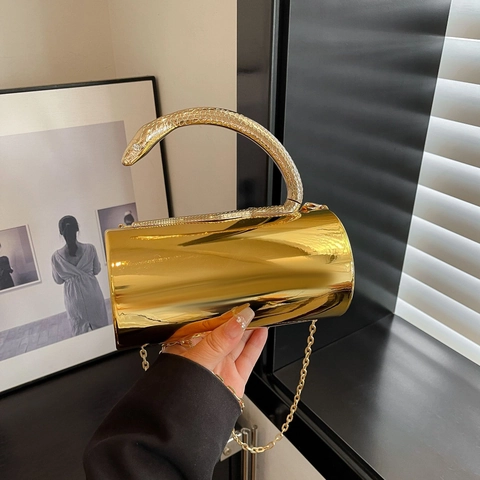 Sac De Soirée Femmes Miroir Or Acrylique Cylindrique Serpent Poignée Chaîne Épaule Pochette Crossbody Élégant Luxe