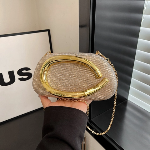 Sac de Soirée de Luxe en Strass Avec Poignée en Métal Pochette de Fête Scintillante Avec Bandoulière en Chaîne pour Femme
