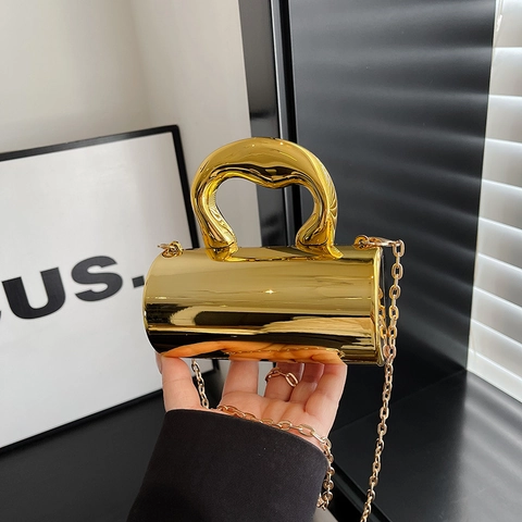 Women Acrylic Mirror Mini Cylindrical Handbag With Metal Chain Strap Elegant Evening Clutch Bag For Party Daily Match