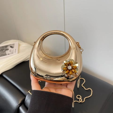 Women Acrylic Metallic Evening Bag Hollow Handle Half Moon Clutch With Crystal Flower And Chain Strap For Party