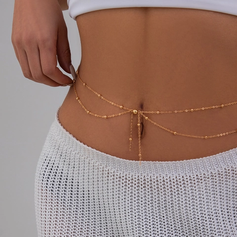 European Sexy Double Layer Metal Bead Tassel Waist Chain Fashion Body Jewelry For Women Beach Party Adjustable Belly Chain Jewelry