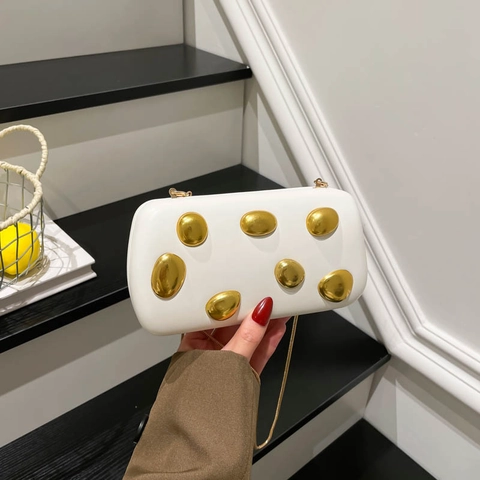 Evening Clutch Bag PU Leather Box Shape Gold Pebble Metal Decor Chain Shoulder Strap Party Banquet Minimalist Elegant