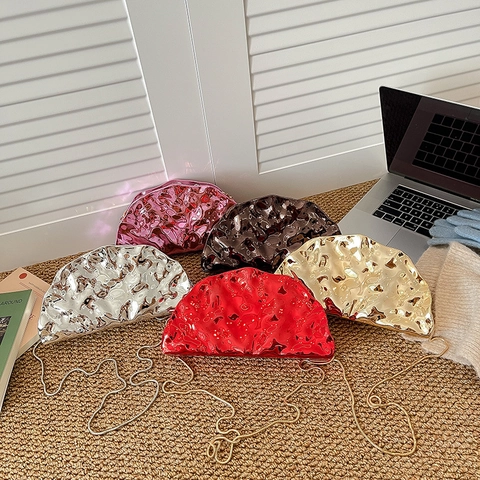 Women Metallic Acrylic Evening Bag Irregular Wave Texture Clutch With Metal Chain Strap Minimalist Semicircle Handbag For Party Wedding