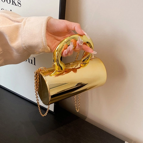 Bolso de Hombro Cilíndrico de Acrílico para Mujer Superficie de Espejo Clutch de Noche Con Asa Metálica y Correa de Cadena Dorada