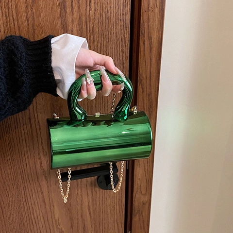 Bolso de Hombro Cilíndrico de Acrílico para Mujer Superficie de Espejo Clutch de Noche Con Asa Metálica y Correa de Cadena Dorada