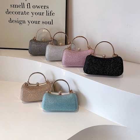 Women's Luxury Glitter Evening Clutch Bag with Round Metal Handle and Chain Strap Elegant Rhinestone Handbag for Banquet Wedding