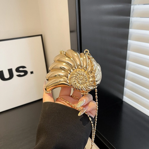 Damen Abendtasche In Nautilus-Muschelform Metallic-Acryl Hartschalen-Clutch Mit Kettenriemen Gold Silber Party Handtasche