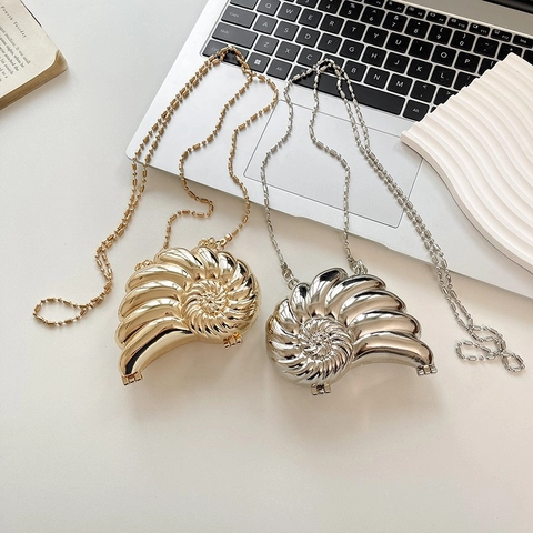 Damen Abendtasche In Nautilus-Muschelform Metallic-Acryl Hartschalen-Clutch Mit Kettenriemen Gold Silber Party Handtasche