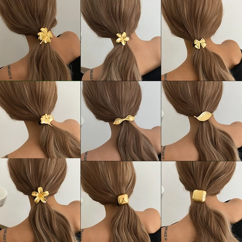 Fashion Metal Hair Ties For Women Alloy Gold Silver Bowknot Flower Heart Clover Leaf Geometric Square Elastic Hair Rope Ponytail Holder Hair Accessories