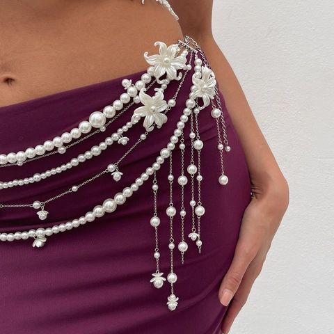 Elegant Multi-layer Imitation Artificial Pearl Body Chain For Women Bohemian Tassel Waist Chain With Flower Pendant Metal Jewelry