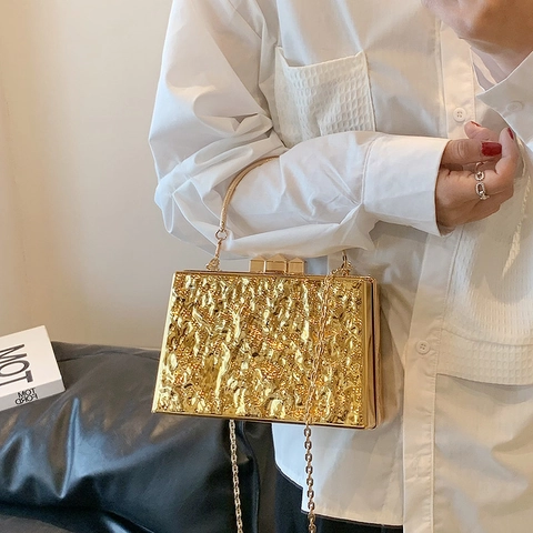 Lussuosa Borsa da Sera Box Clutch in Acrilico con Texture Metallica Ondulata a Tracolla con Catena e Manico