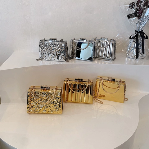 Acrylic Box Evening Clutch Bag Metal Texture Hard Shell Crossbody With Chain Strap And Handle For Women Party