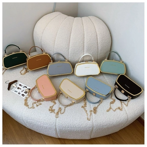 Women Elegant PU Leather Box Bag Golden Metal Frame Small Square Handbag Fashion Chain Crossbody Shoulder Bag For Daily Party