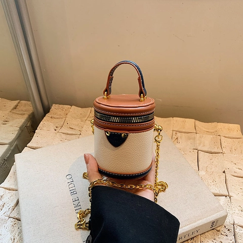 Mini Borsa A Tracolla Cilindro Donne Pelle PU Catena Metallo Blocco Colore Stile Retrò Borsa A Mano Secchiello