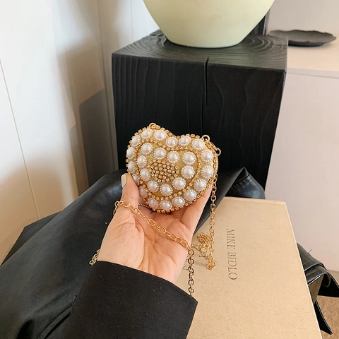 Mini Borsa da Sera a Forma di Cuore Strass Finta Perla Artificial Catena di Lusso Borsa a Tracolla per Matrimonio Festa Borsetta