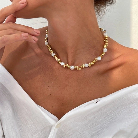 Collar de Perlas Barrocas Artificiales y Cuentas de Metal Irregulares para Mujer Choker Minimalista Textura Lava Chapado en Oro Plata Estrella Cruz Corazón