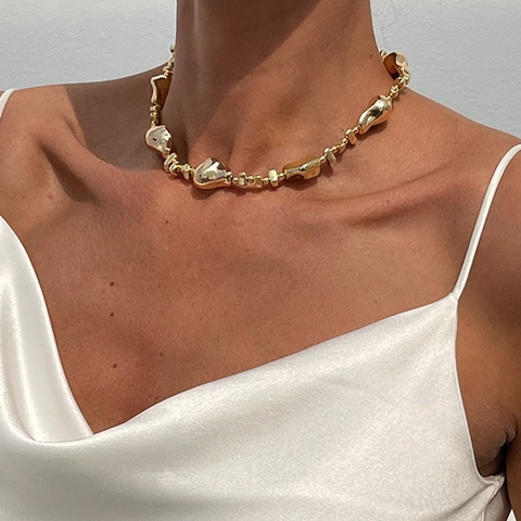Collar de Perlas Barrocas Artificiales y Cuentas de Metal Irregulares para Mujer Choker Minimalista Textura Lava Chapado en Oro Plata Estrella Cruz Corazón