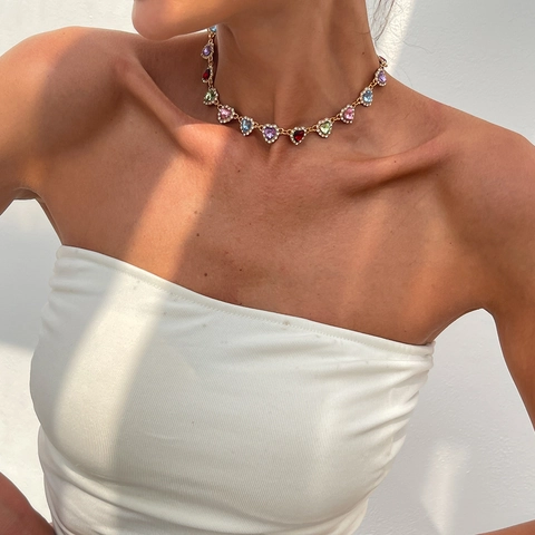 Collier Choker en Alliage avec Strass en Forme de Cœur Coloré pour Femmes Collier avec Pendentif Cœur en Cristal Doux