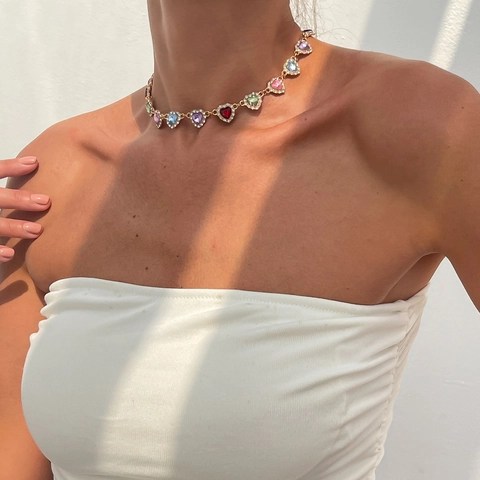 Gargantilla de Cristal con Forma de Corazón Colorido Elegante de Aleación Chapado en Oro Plata Diamantes Imitación Joyería
