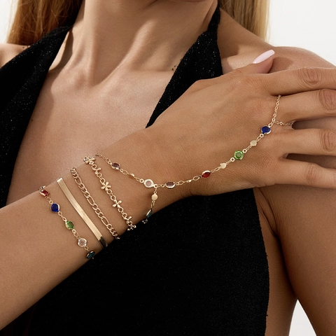 Boho Finger To Wrist Hand Harness Bracelet With Imitation Pearl Shell Starfish Cross Crystal For Women Fashion Jewelry