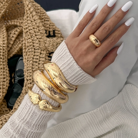 Fashion Irregular Metallic Open Bangle Gold Silver Plated Alloy Spring Hinge Hammered Textured Cuff Bracelet For Women