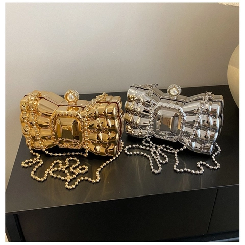 Borsa Da Sera A Forma Di Fiocco Consistenza Metallica Perla Artificial Strass Fibbia Tracolla A Catena Per Donna Festa Matrimonio