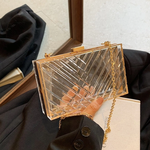 Transparente Acryl Box Clutch Tasche Mit Gold Metallrahmen Chevron Muster Abend Umhängetasche Für Damen