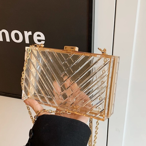 Transparente Acryl Box Clutch Tasche Mit Gold Metallrahmen Chevron Muster Abend Umhängetasche Für Damen