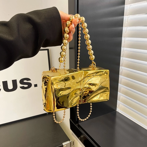 Lussuosa Pochette Specchio Plissettata Metallizzata Donna Elegante Borsa Tracolla per Serata Con Manico in Perline e Catena