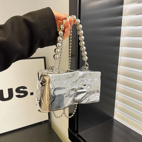 Lussuosa Pochette Specchio Plissettata Metallizzata Donna Elegante Borsa Tracolla per Serata Con Manico in Perline e Catena