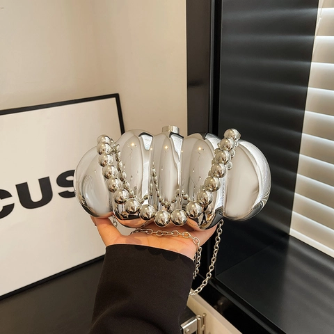 Women Acrylic Evening Clutch Bag Elegant Gold Silver Mirror Metallic Wavy Pumpkin Shape Crossbody Bag With Bead Handle For Party Wedding
