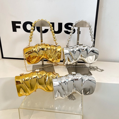 Unregelmäßige Acryl Abend Clutch Metallic Spiegel Hufeisen Box Tasche Mit Perlen Griff Kette Riemen Für Damen Party Bankett