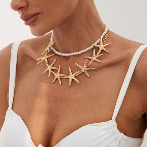 Double Layer Necklace With Alloy Starfish Charms And White Imitation Artificial Pearl Beads Summer Beach Ocean Style For Women Gold