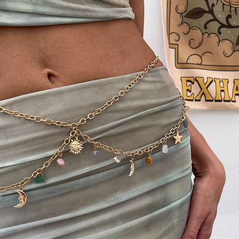 Boho Naturstein Mehrlagige Taillenkette Sonne Mond Stern Anhänger Metall Körperkette Für Damen Strand Party Accessoire
