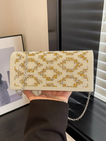 Luxurious PU Leather Women Artificial Pearl Beaded Evening Clutch Bag Rhinestone Geometric Pattern Handbag With Metal Chain Shoulder Bag