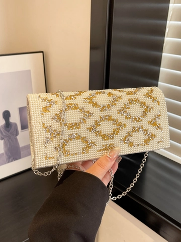 Luxurious PU Leather Women Artificial Pearl Beaded Evening Clutch Bag Rhinestone Geometric Pattern Handbag With Metal Chain Shoulder Bag