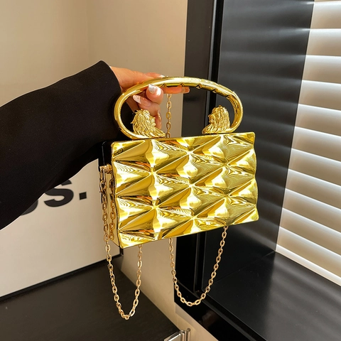 Luxury Women Acrylic Box Clutch Evening Bag With 3D Geometric Lattice And Lion Head Decoration Gold Silver Chain Handbag
