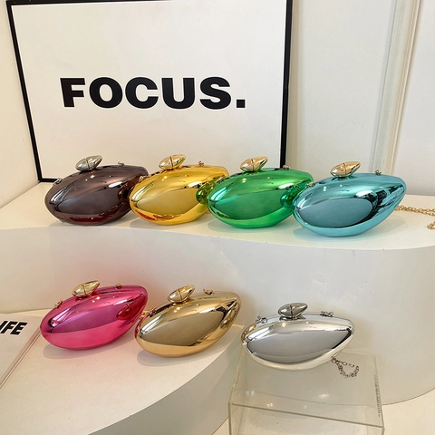 Women Acrylic Metallic Glossy Evening Clutch Bag Minimalist Oval Shape Dinner Bag With Chain Strap Banquet Party Handbag