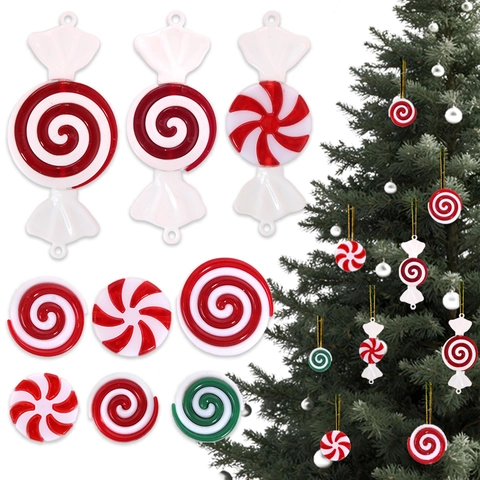 Christmas Candy Lollipop Hanging Ornaments Plastic Red White Green Spiral Striped DIY Christmas Tree Holiday Party Decor
