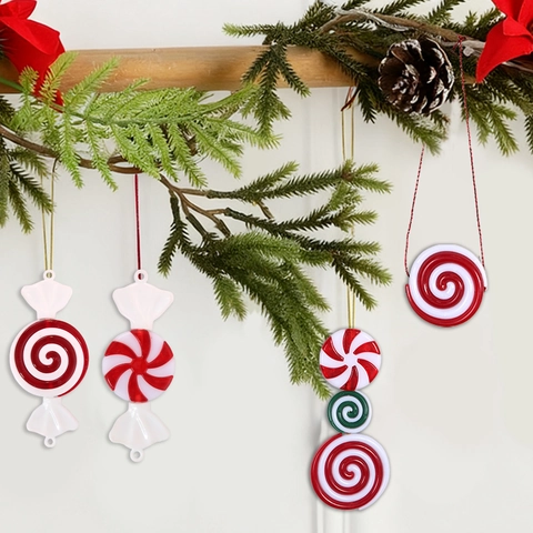 Christmas Candy Lollipop Hanging Ornaments Plastic Red White Green Spiral Striped DIY Christmas Tree Holiday Party Decor