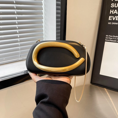 Elegant Women Evening Clutch Bag With Gold C Handle And Metal Chain PU Leather Crossbody Box Bag For Party Dinner